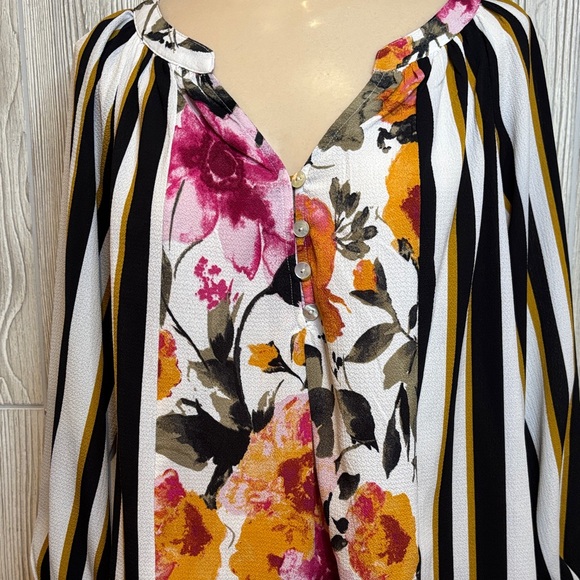 Fig and Flower Anthropologie Boho Mix Print Floral Striped Peasant Blouse Size L - Picture 3 of 10